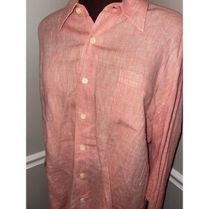 Tommy Bahama Relax Linen Button Up Shirt Orange Coral Check Mens L Vacation